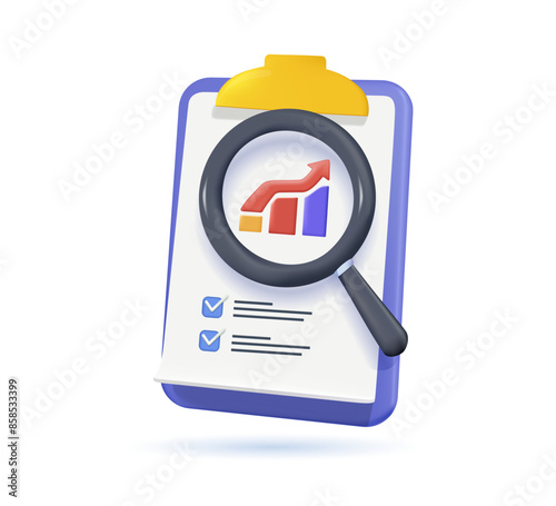 Data analytics, clipboard and business finance report 3D icon. Traffic Analysis, Big Data, science infographic. 3D