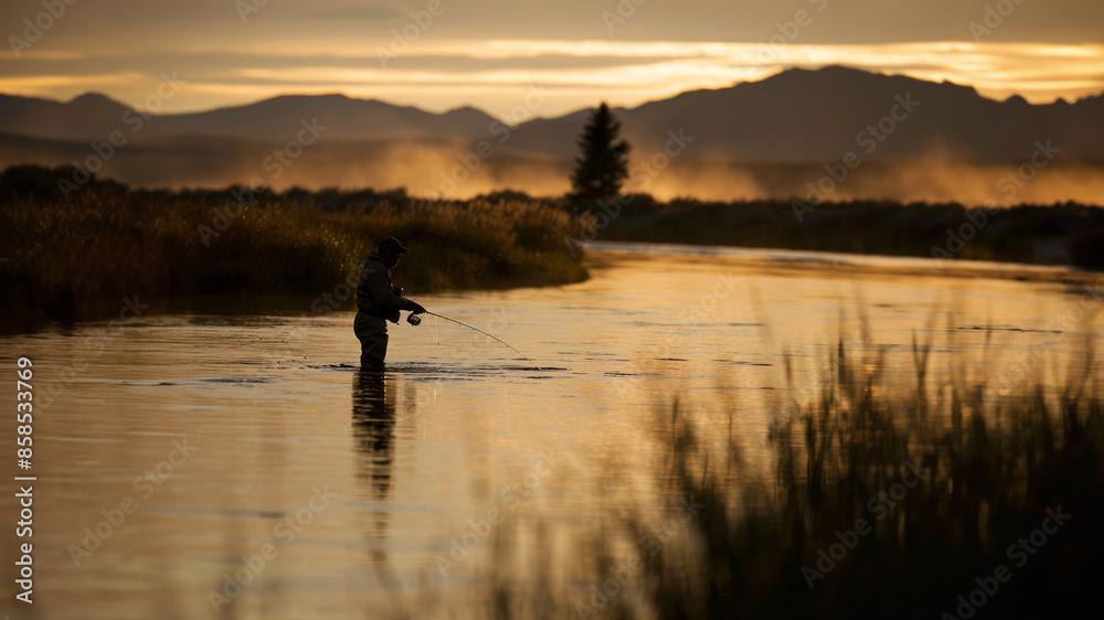 man fishing in a river in the wilderness during sunset or sunrise man fishing in a river in the wilderness during sunset or sunrise