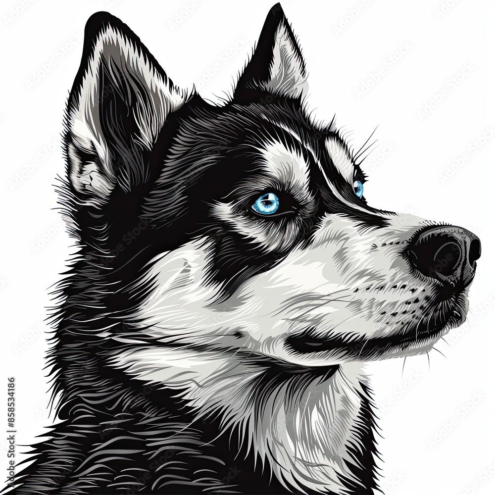 A black and white drawing of a siberian husky dog A black and white drawing of a siberian husky dog