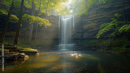 Hidden Falls USA Daytime. The best view of Hidden Falls in the USA during the day, with the waterfall nestled in a secluded, tranquil forest area, sunlight filtering through the trees, a Minimalist,