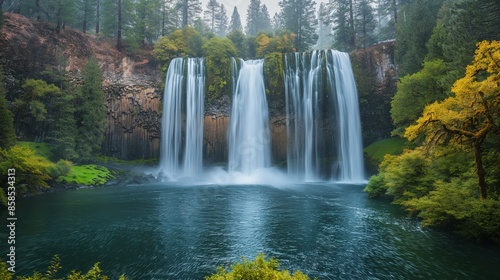 Fototapeta Naklejka Na Ścianę i Meble -  Burney Falls USA Daytime. The best view of Burney Falls in the USA during the day, with the waterfall highlighted by sunlight and surrounded by green foliage, a Minimalist,