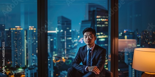 Person looking at city skyline at night from modern office with large windows, reflecting urban hustle and bustle AIG58 photo