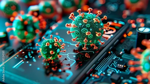 Digital Virus on Smartphone Screen Over Circuit Board Depicting Cybersecurity Threats and Technology Health Risks, Conceptual Illustration photo