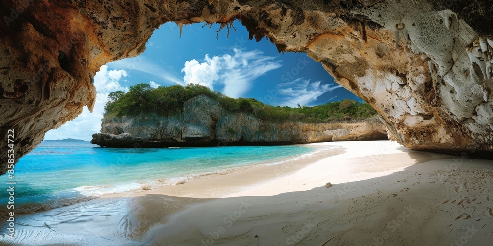 Fototapeta premium Secluded Paradise Beach View through a Coastal Cave