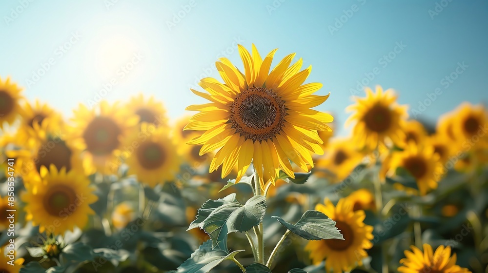 Field of Sunflowers with Blue Sky Bright sunflowers reaching towards a clear blue sky, leaving ample space for text The blooming sunflowers and summer flowers add a cheerful touch Field of Sunflowers with Blue Sky Bright sunflowers reaching towards a clear blue sky, leaving ample space for text The blooming sunflowers and summer flowers add a cheerful touch