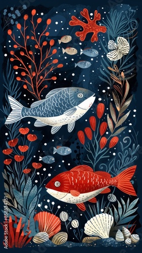 Illustration of fishes floating underwater. The deep sea. Marine underwater habitat background