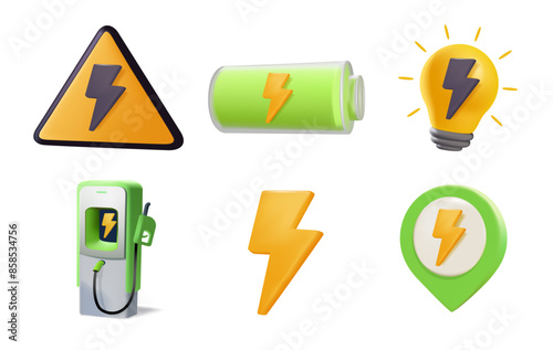 Electric eco energy icon illsutration set. Containing electric car charging station, battery, lightening and power. Icons collection. Vector illustration