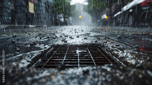 Ulica Miasta podczas Ulewnego Deszczu: Działanie Kanalizacji photo