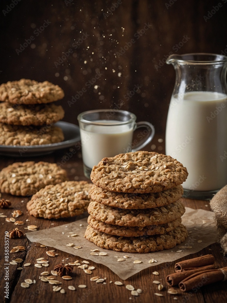 Stack of oatmeal cookies placed on piece of parchment paper on rustic wooden table, with scattered oats, cinnamon sticks around. In background, glass, jug of milk, along with more cookies on plate. Stack of oatmeal cookies placed on piece of parchment paper on rustic wooden table, with scattered oats, cinnamon sticks around. In background, glass, jug of milk, along with more cookies on plate.