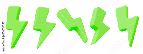 3d set of green charger symbol with rotation. Sign thunder. Symbol of energy, danger. Minimalistic electrical discharge. Stock vector illustration on isolated background.	