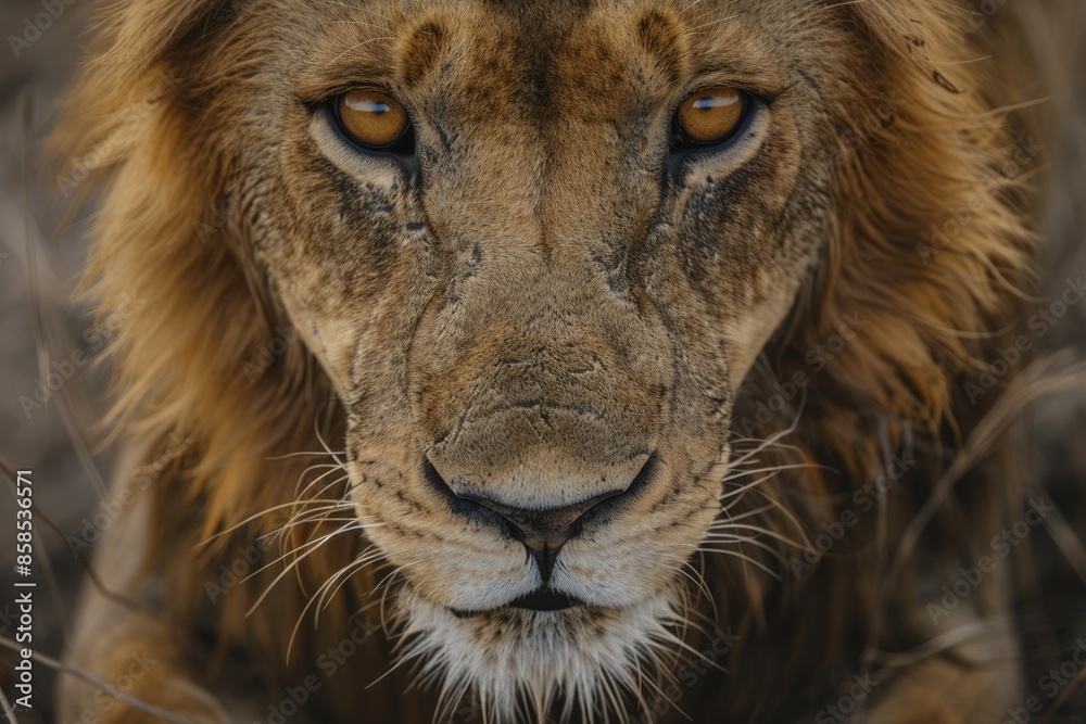 Fototapeta premium African male lion headshot looking into camera