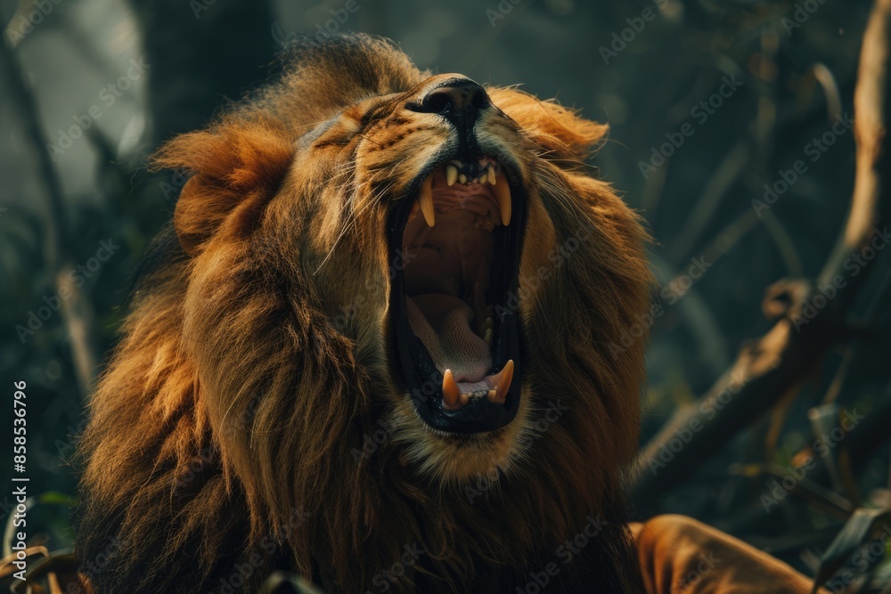 Naklejka premium A wild lion roaring in the jungle