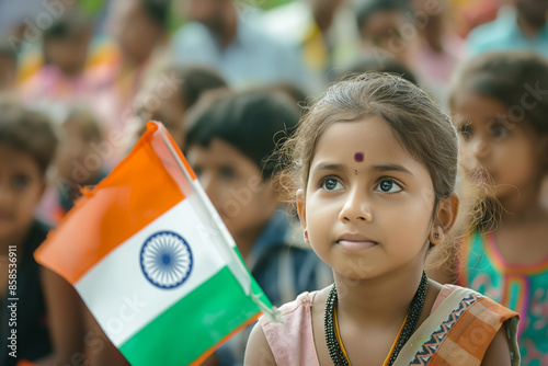 Kid watching republic day parade along with Indian Flag photo