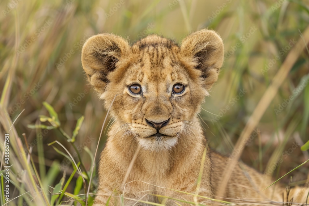 Close up of lion cub Panthera leo staring at camera Kenya Close up of lion cub Panthera leo staring at camera Kenya