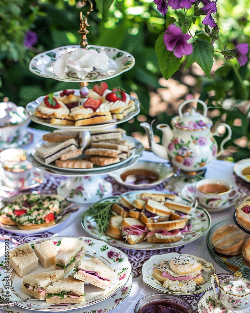 A charming display of tea sandwiches, scones, and assorted teas arranged on vintage china at a garden tea party A charming display of tea sandwiches, scones, and assorted teas arranged on vintage china at a garden tea party