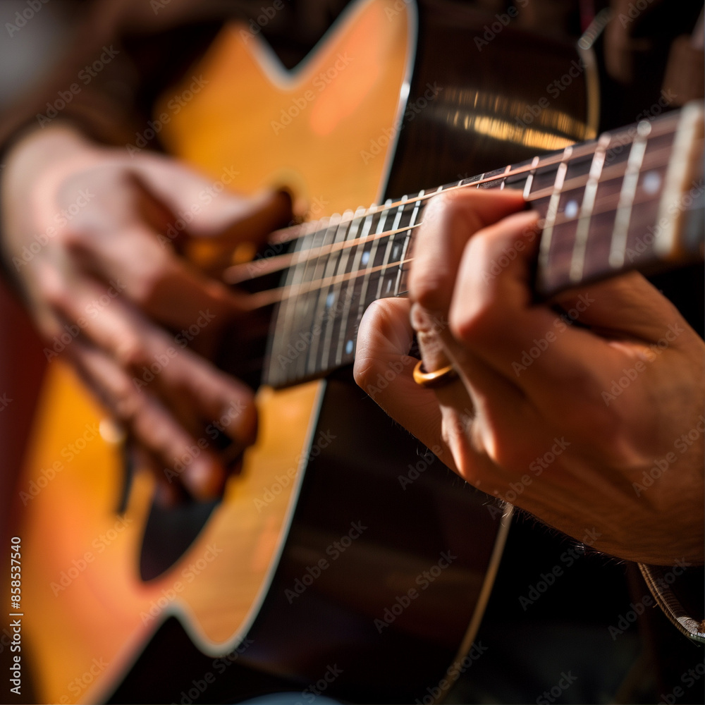 Obraz premium A close-up of a musician's hands playing an acoustic guitar