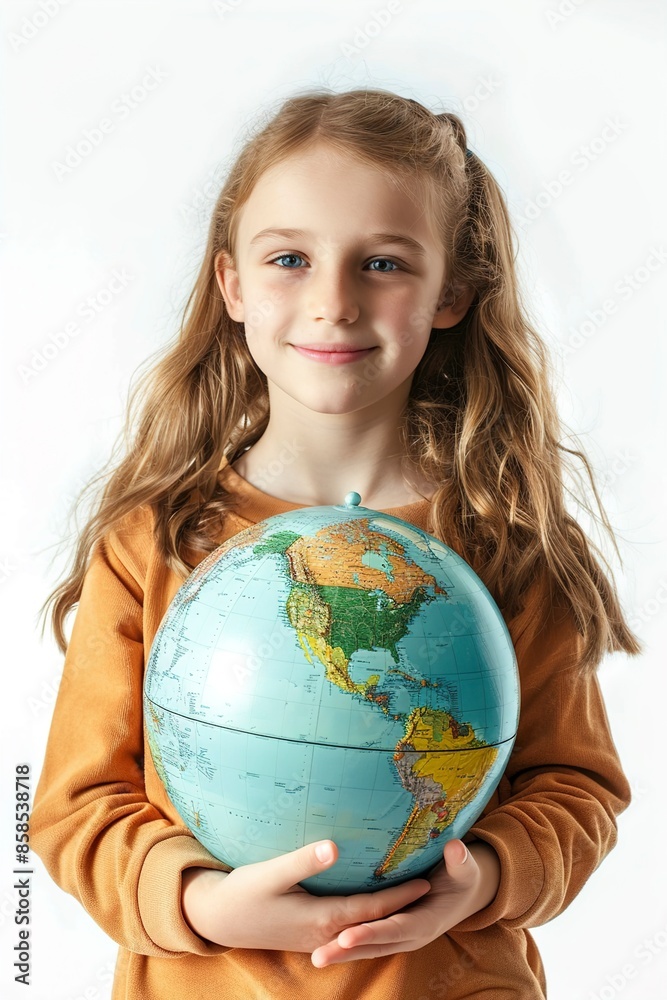 young girl holding the world globe isolated on white young girl holding the world globe isolated on white