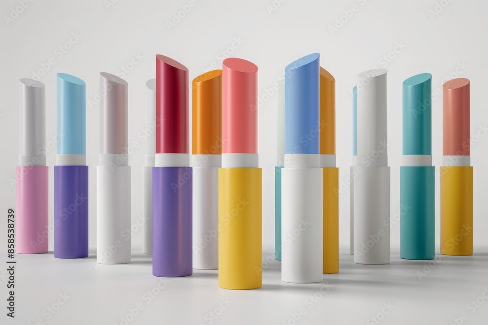 Fototapeta premium Mockup of a multicolored cylindrical lipstick tube, 