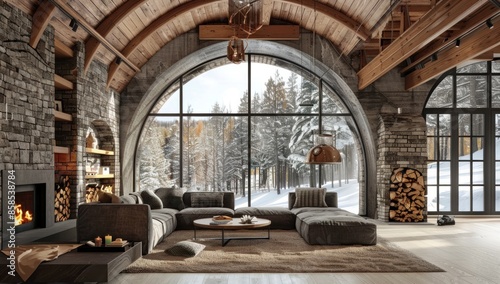 Cozy Rustic Living Room with Large Windows and Winter View © Аrtranq