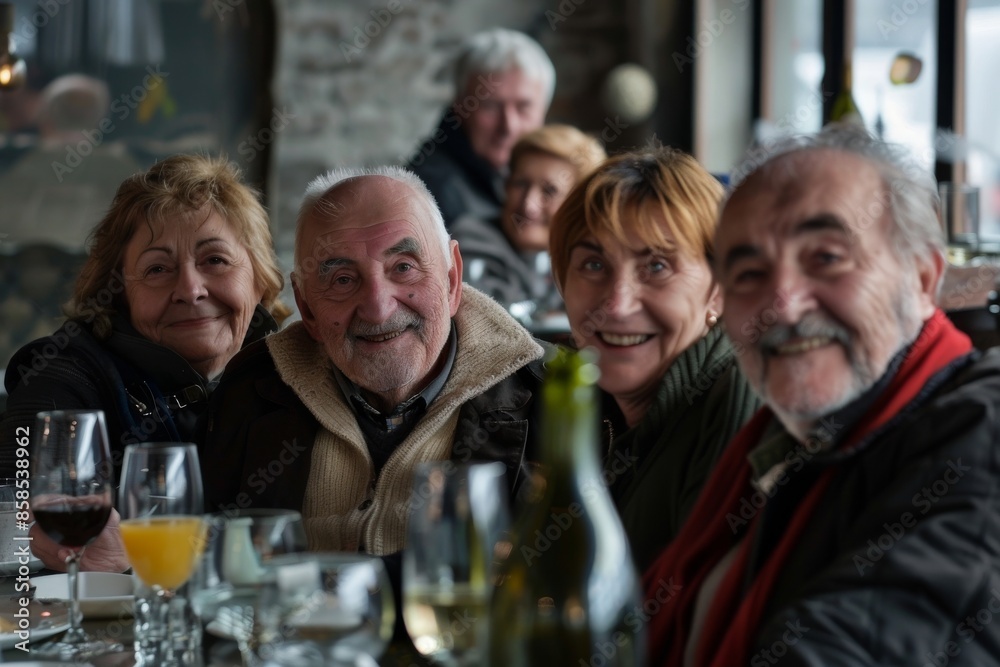Group of senior friends sitting at a table in a restaurant and drinking wine Group of senior friends sitting at a table in a restaurant and drinking wine