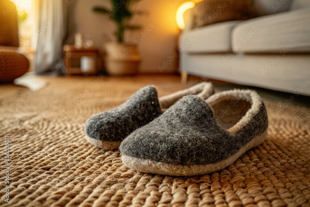 Cozy Woolen Slippers on a Rustic Rug Cozy Woolen Slippers on a Rustic Rug