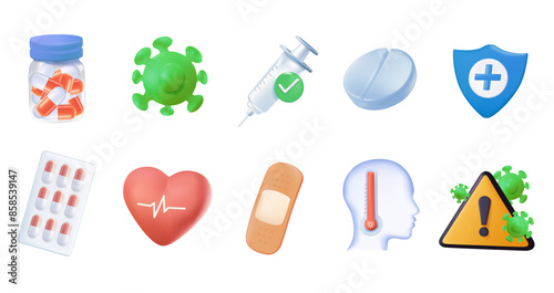 Set of virus Protection Related Vector 3D Icons. Contains such Icons as Protective Measures, Coronavirus Symptoms