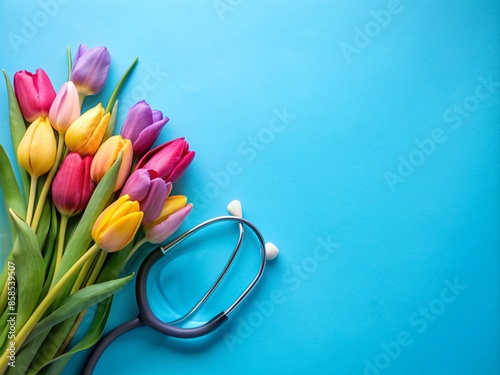 Stethoscope and colorful tulips on a blue background with a copy space stock photo