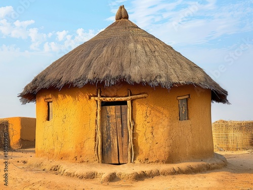 A traditional Chadian mud house with conical thatched roof and wooden beams  photo