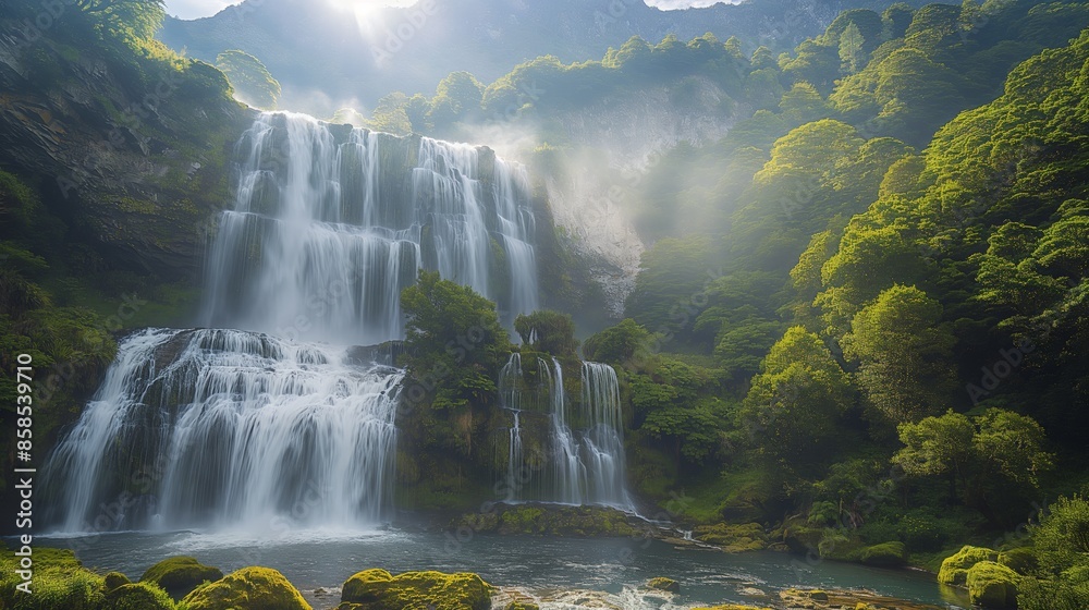 Fototapeta premium Paladin Falls New Zealand Daytime. The best view of Paladin Falls in New Zealand during the day, with the waterfall framed by lush greenery and bright sunlight, a Minimalist,