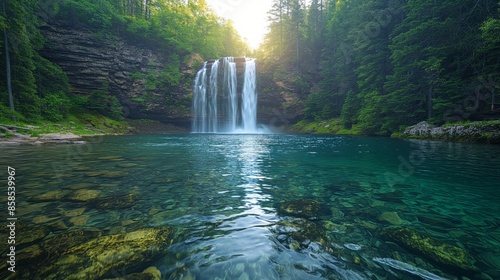 Fototapeta Naklejka Na Ścianę i Meble -  Sowder Falls USA Daytime. The best view of Sowder Falls in the USA during the day, with the waterfall cascading into a clear pool surrounded by dense forest and bright sunlight, a Minimalist,