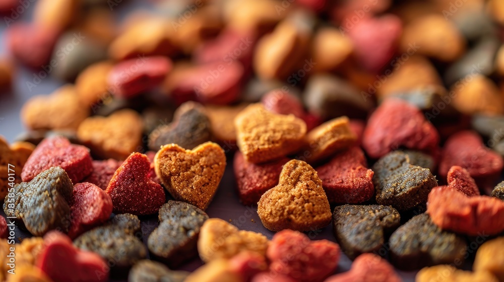 Heart shaped Dog Food Bits with Nutritious Texture and Love themed Background Heart shaped Dog Food Bits with Nutritious Texture and Love themed Background
