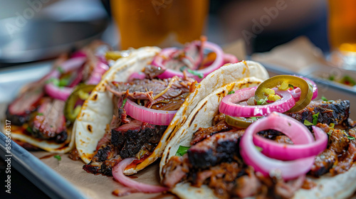 modern texas bbq food truck brisket tacos with pickled onions and jalapeños, served with a side of vibrant flavors and refreshing drinks