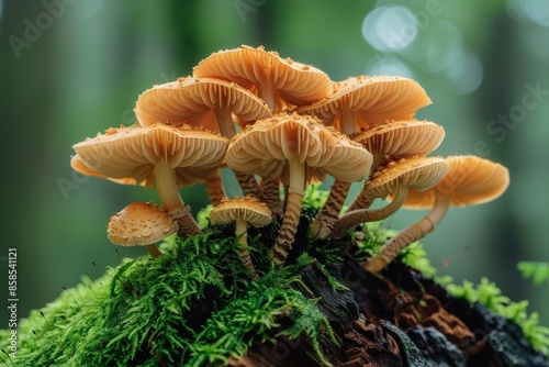 A Cluster of Forest Mushrooms on Mossy Wood