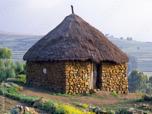 A traditional Ethiopian Agew house with stone walls and thatched roof  photo