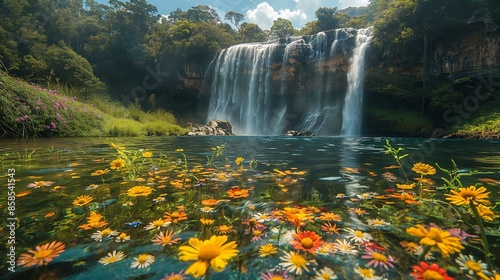 Fototapeta Naklejka Na Ścianę i Meble -  Paradise Falls Australia Daytime Delight. Clear skies with the sun shining brightly, the waterfall flowing gracefully into a clear pool, surrounded by lush greenery and colorful wildflowers, with a