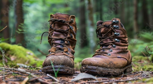 Two brown hiking boots on a log in the woods. Nature and world exploration and active lifestyle.