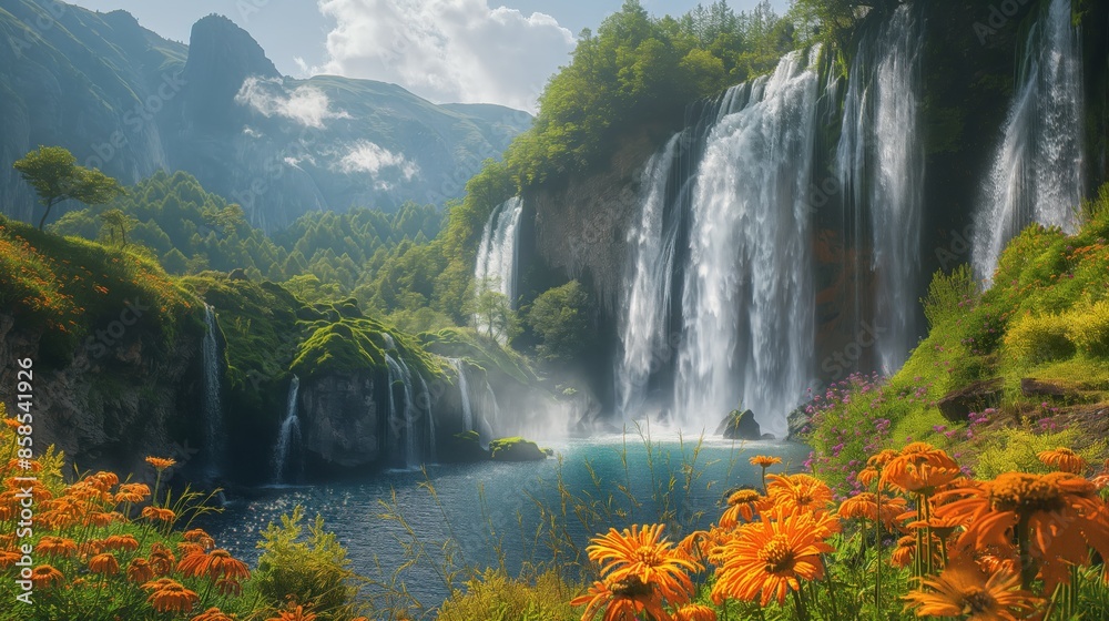 Fototapeta premium Infinity Falls Daytime Majesty. Clear skies with bright sunlight, the waterfall cascading down steep cliffs into a deep blue pool surrounded by lush forest and vibrant wildflowers, with mist rising