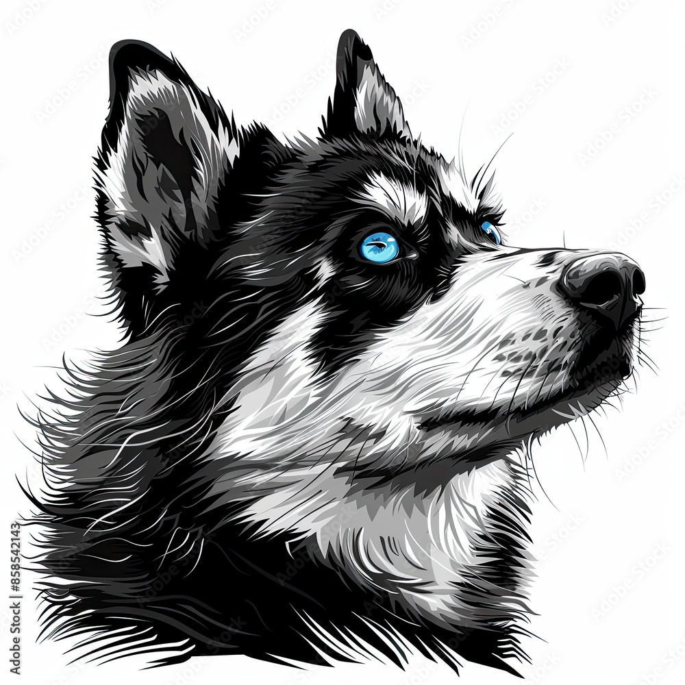A black and white drawing of a siberian husky dog A black and white drawing of a siberian husky dog