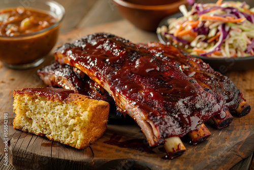 juicy texas bbq ribs glazed with tangy bbq sauce, served with cornbread and coleslaw, highlighting a classic southern meal