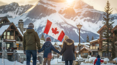 Canadian family of four, winter vacation in British Colombia, Whistler. Skiing and sport activities. photo