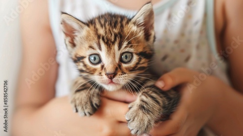 Newborn Bengal kitten being held by a girl on a white background