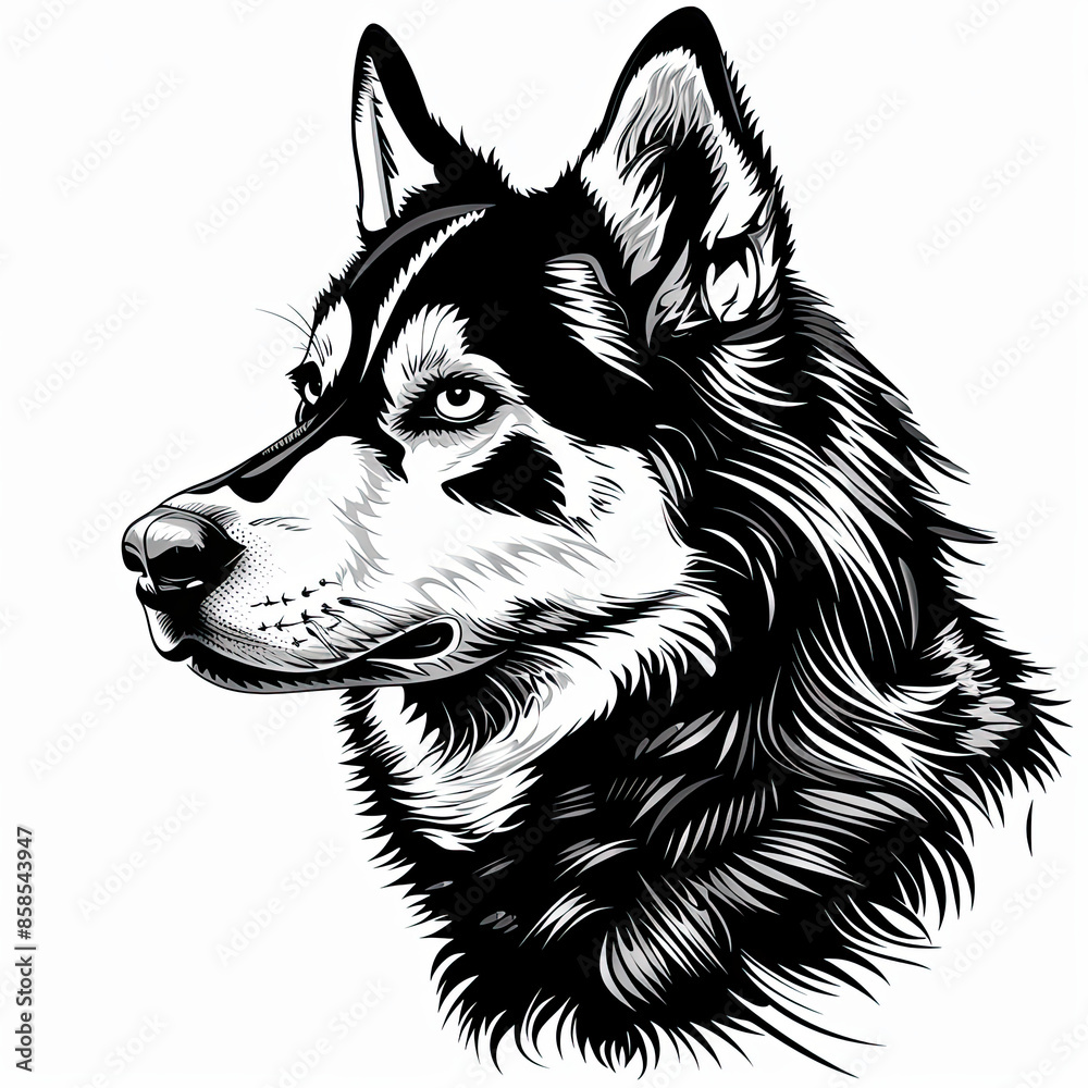 A black and white drawing of a siberian husky dog A black and white drawing of a siberian husky dog