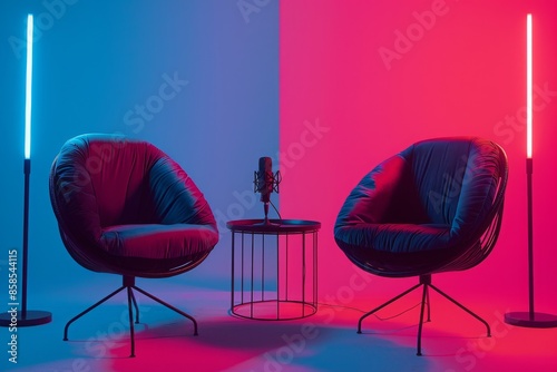 two modern basket chair with a sleek and minimalist design and microphones in podcast or interview room isolated on neon background as a wide banner for media conversations 