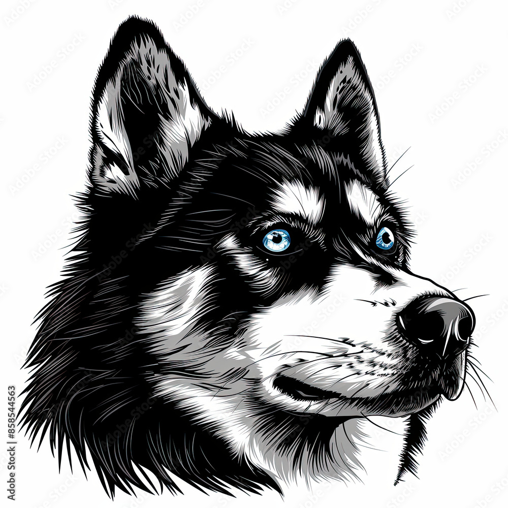 A black and white drawing of a siberian husky dog A black and white drawing of a siberian husky dog