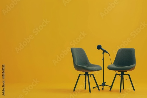 two chairs and microphones in podcast or interview room isolated on solid yellow background as a wide banner for media conversations 
