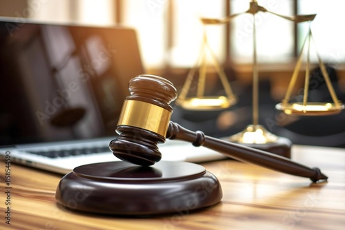 Close-up of laptop and gavel on a table in a courtroom setting.