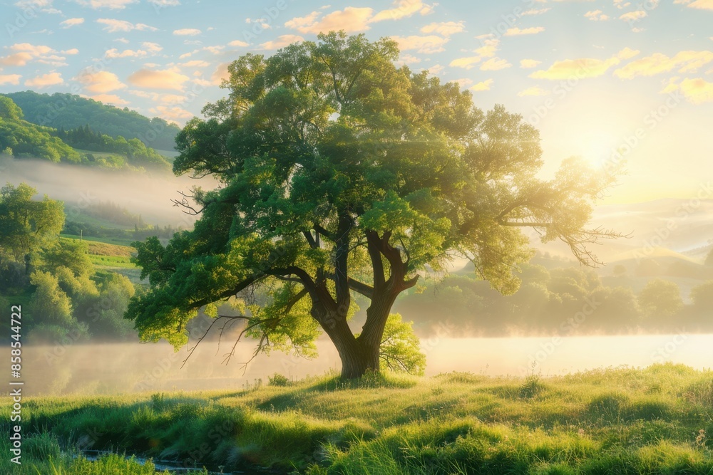 Fototapeta premium A beautiful green tree in the meadow near the river at sunrise with misty fog in the background A nature landscape with an old big oak tree, sunlight and sun rays Generative AI