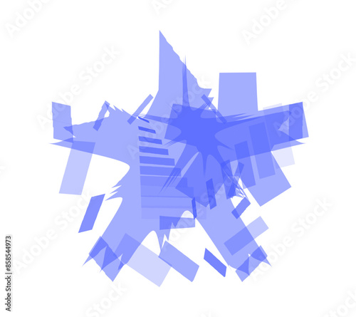 Abstract purple silhouette layering isolated. Curved geometric flying shapes. Transparent Staircase. Triangles, rectangle. Strange color violet image. Monochrome. Vector illustration