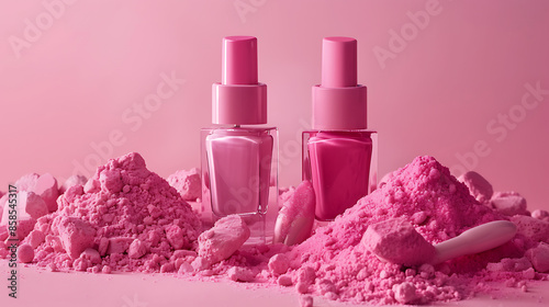 two bottles of pink nail polish set against a matching pink-toned background. Each bottle is accompanied by mounds of pink powder photo