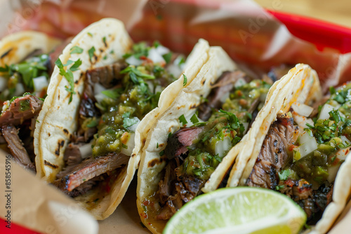 authentic texas bbq brisket tacos with grilled tortillas and fresh salsa verde, showcasing a blend of smoky and spicy flavors